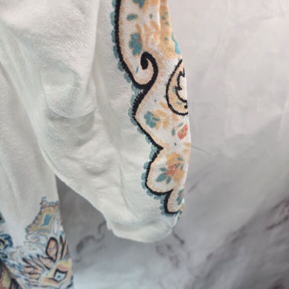 Chicos Cardigan Womens 3 XL White Blue Sweater Lightweight Ruched Sleeve Artsy - Picture 5 of 12